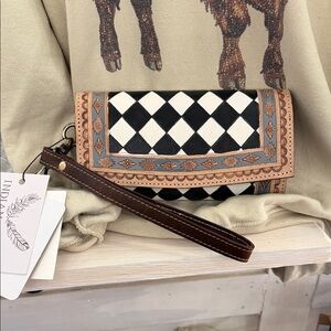 Hand-Painted Black & White Checker Wristlet Wallet with Brown Trim